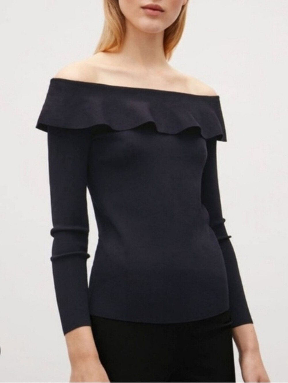 COS Black Off-Shoulder Ruffle Fine Rib Knit Top Size Medium - Picture 9 of 10